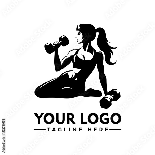 Strong fit woman lifting dumbbells in workout gear, black and white cartoon vector illustration

