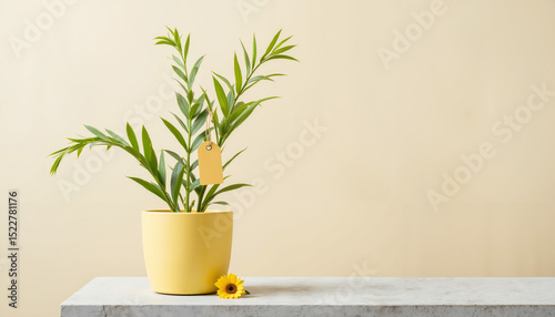 Potted plant with yellow leaves and tag on concrete surface