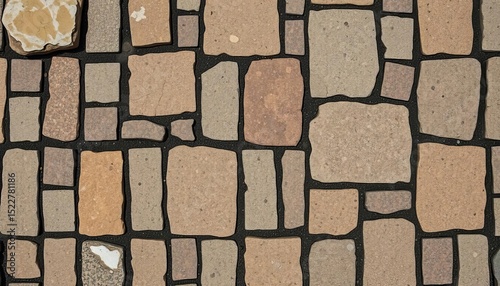 Overhead view of textured stone pavement tiles, showing varied rock and mosaic detail,  background,  cobblestone