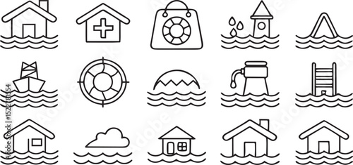 Flood Disaster Line Art Icon Set – Editable Emergency and Water Crisis Stroke Vector Icons