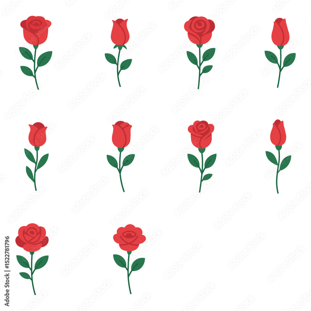 Naklejka premium Red Roses Vector Set – Flat Style Rose Flower Icons Collection