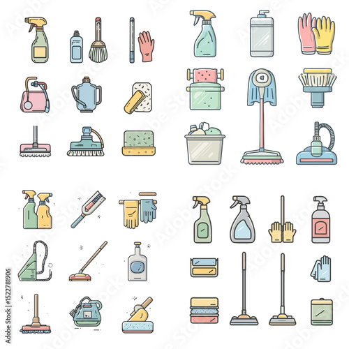 Flat vector illustration set of cleaning tools and household supplies including sprays, mops, gloves, sponges, vacuum, and detergent for home and janitorial care.

