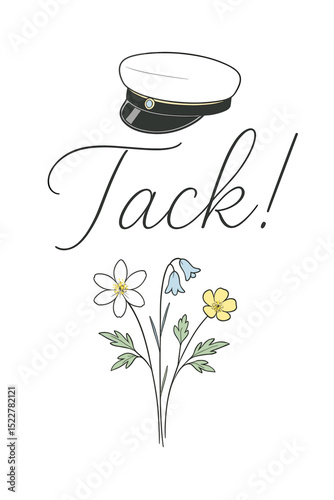 Minimalist thank you card with Swedish studentmössa and wildflowers, handwritten “Tack!” text, swedish tradition tackkort on white background