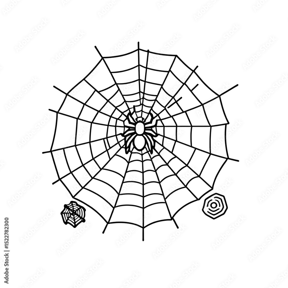 Obraz premium クモの巣とクモの線画｜Spider and Web Line Drawing