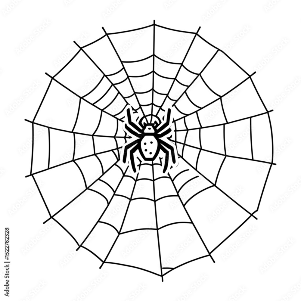 Obraz premium クモの巣とクモの線画｜Spider and Web Line Drawing