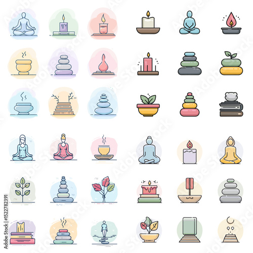 Flat vector icons of meditation, mindfulness, relaxation, and wellness practices including candles, yoga poses, stones, tea, and peaceful nature elements.


