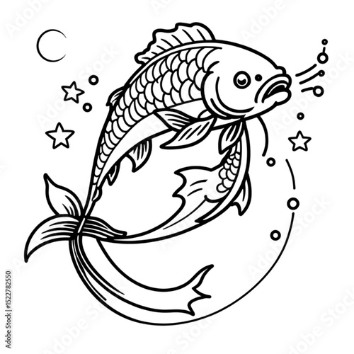 和風の鯉の線画イラスト｜Koi Fish Line Drawing in Japanese Style