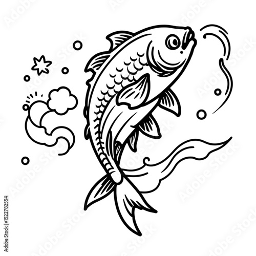 和風の鯉の線画イラスト｜Koi Fish Line Drawing in Japanese Style