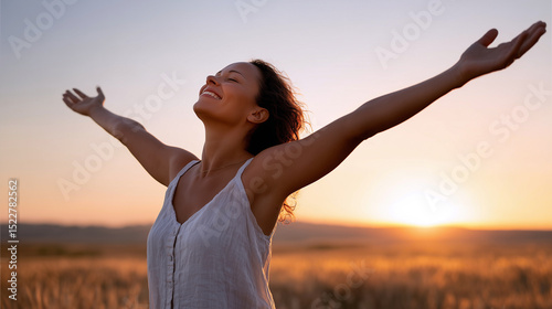 Happy woman with open arms at sunrise outdoors
