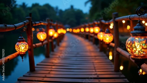 Serene wooden bridge illuminated by lanterns at dusk by the river  