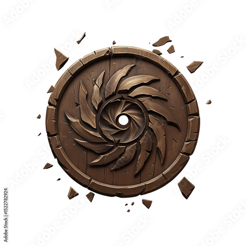 Cracked Wooden Shield with Spiral Carving - 3D Render
