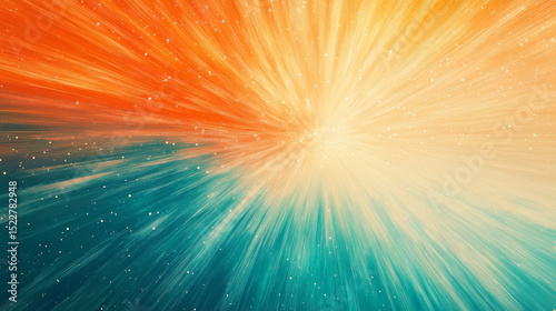 A burst of orange rays from the center of the design, fading into a turquoise gradient. 