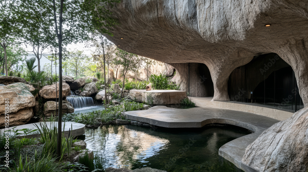 Naklejka premium Nature-Fused Architecture: A Building Embedded in Landscape with Rock Overhangs and Integrated Water Pools