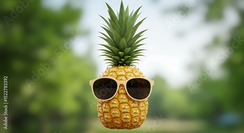 Pineapple with Sunglasses Enjoying Summer Vacation Outdoors Fresh Food on Blur Background