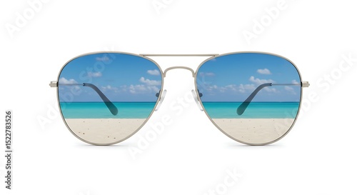 Aviator Sunglasses Reflecting Tropical Beach Scene Isolated on White Background Stock Photo