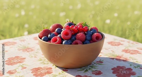 Fresh Mixed Berries in Wooden Bowl on Picnic Table Summer Day