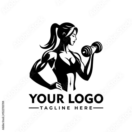 Strong fit woman lifting dumbbells in workout gear, black and white cartoon vector illustration
