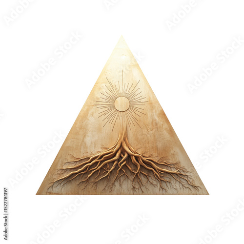 Triangular Wooden Carving of Tree Roots and Sunburst