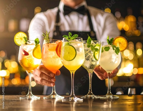 Bartender presenting colorful cocktails