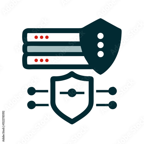 Data security shield icon with server and network protection elements  