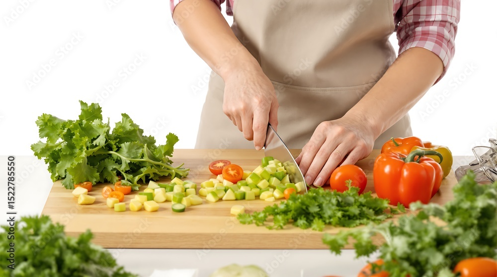 Aproned cook dicing fresh vegetables: peppers, tomatoes, herbs, on wooden board, close-up. Aproned cook dicing fresh vegetables: peppers, tomatoes, herbs, on wooden board, close-up.