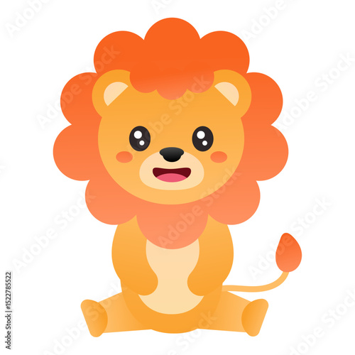Cute cartoon baby lion sitting happily with a friendly smile. Expressive animal character illustration, great for children's designs.