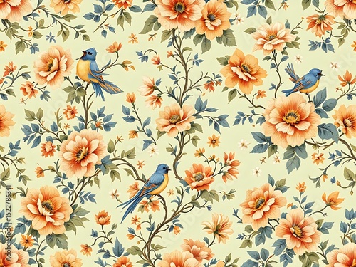 Classic floral wallpaper with vintage bird and flower patterns. Ideal for background use in interior design, packaging, invitations, textiles, and retro-themed visuals