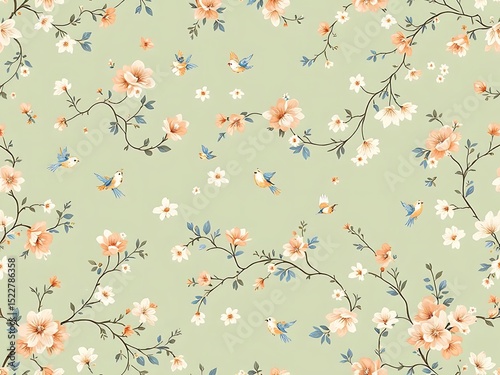 Classic floral wallpaper with vintage bird and flower patterns. Ideal for background use in interior design, packaging, invitations, textiles, and retro-themed visuals