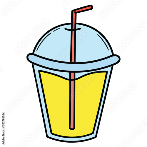 Hand drawn cartoon disposable cup of lemonade with straw on white background.
