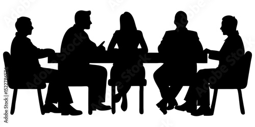 Job interview and business meeting silhouettes vector – coworkers sitting at table in conference or discussion scene illustration	