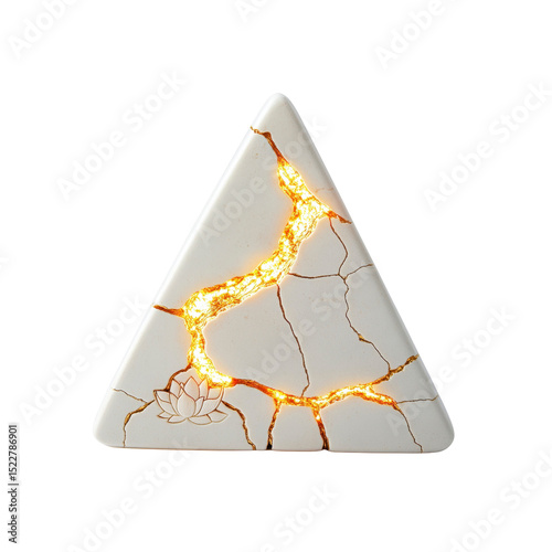 Illuminated Cracked Triangle with Lotus Design - Modern Abstract Art Sculpture