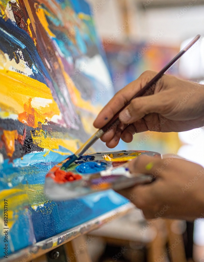 Fototapeta premium Artist Painting in Workshop with Palette and Brush