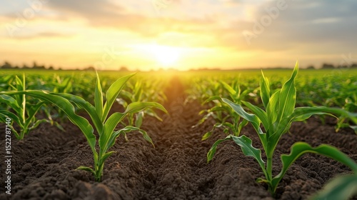 Young green corn plants emerge from dark soil under a breathtaking sunset, representing growth, potential, and the beauty of nature’s cycles in agricultural landscapes.