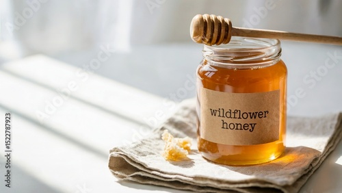 Wildflower honey jar with kraft label in sunlight – Wildflower honey jar mockup for branding and packaging – Natural wildflower honey jar design on linen cloth