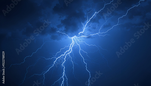 Striking blue lightning bolt captured mid-flash in a storm, isolated on transparent PNG background for dramatic electrical and natural force visuals.