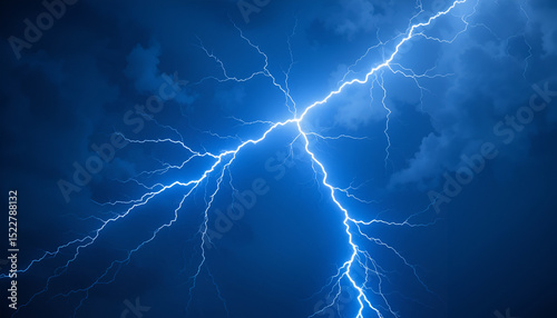 Striking blue lightning bolt captured mid-flash in a storm, isolated on transparent PNG background for dramatic electrical and natural force visuals.