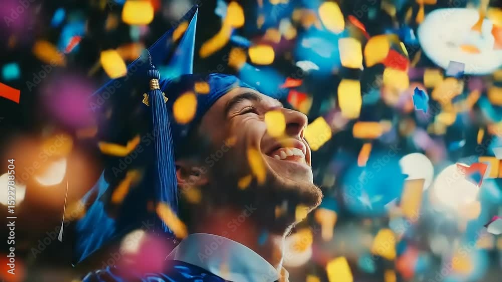 Celebrating graduation with confetti in the air, joyful young man in cap and gown smiling brightly