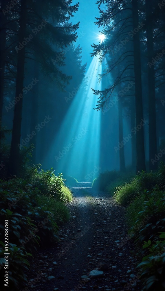 Fototapeta premium A powerful flashlight beam cuts through the darkness, illuminating a mysterious path ahead Perfect for concepts of adventure, exploration, and mystery , bright light, powerful beam, enigma