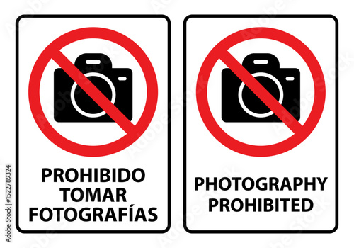 Letrero prohibido tomar fotografias y photography prohibited in vector format