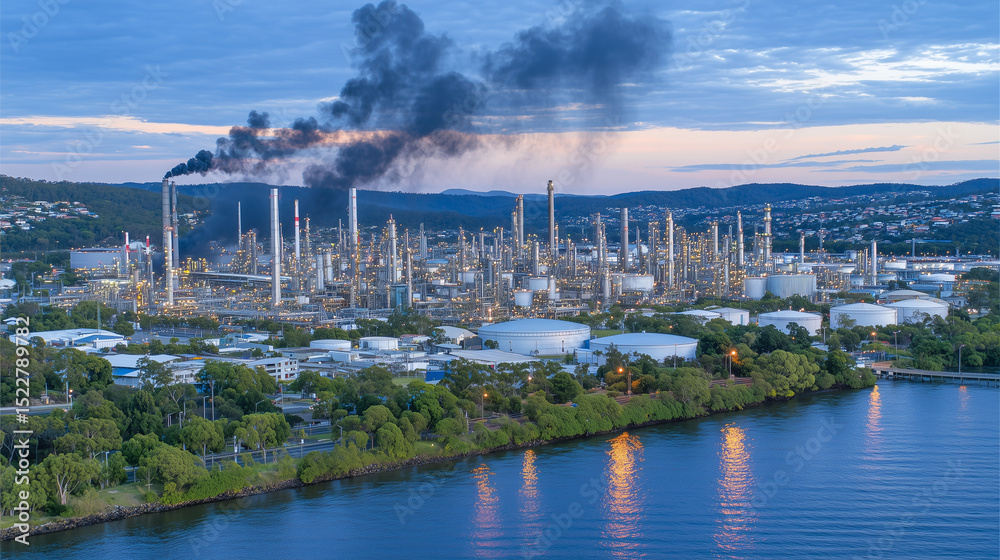 Fototapeta premium Aerial view of industrial complex by river, black smoke trails reflect on water surface, creating a mirror of pollution