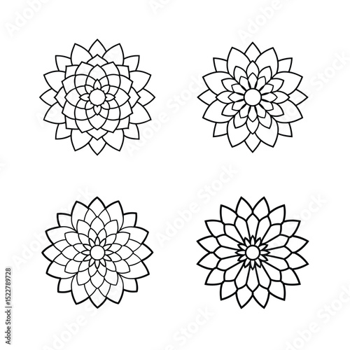 A detailed black and white line drawing of a symmetrical dahlia flower, with layered petals radiating outward in a circular pattern. The design is clean, crisp, and suitable for coloring books. No bac