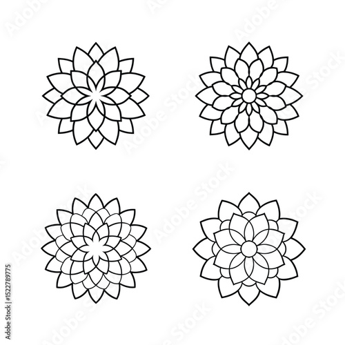 A detailed black and white line drawing of a symmetrical dahlia flower, with layered petals radiating outward in a circular pattern. The design is clean, crisp, and suitable for coloring books. No bac