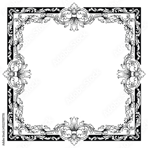 Vintage baroque black botanical ornamental hand drawn frame illustration