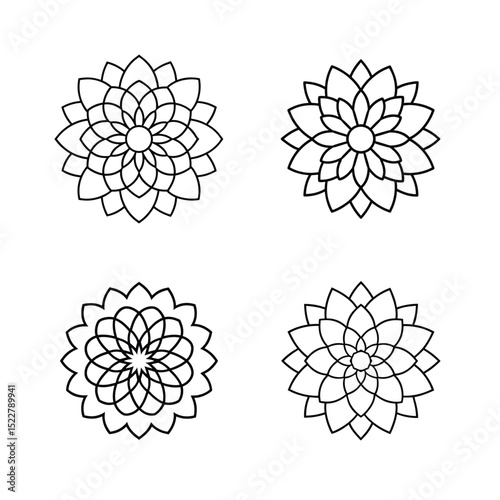 A detailed black and white line drawing of a symmetrical dahlia flower, with layered petals radiating outward in a circular pattern. The design is clean, crisp, and suitable for coloring books. No bac