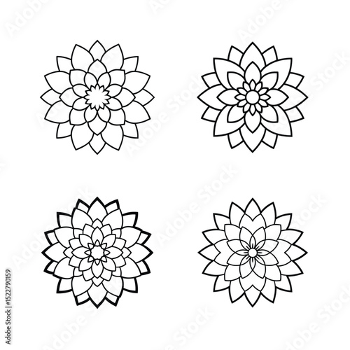 A detailed black and white line drawing of a symmetrical dahlia flower, with layered petals radiating outward in a circular pattern. The design is clean, crisp, and suitable for coloring books. No bac