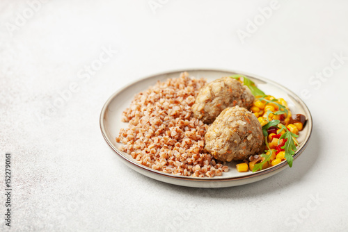 Meatballs with buckwheat porridge and vegetable salad. Baby or diet nutrition.