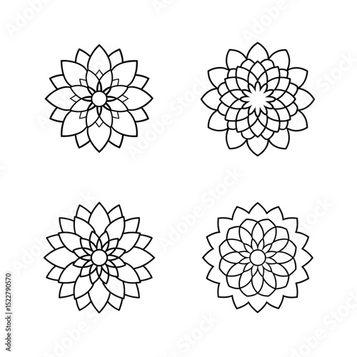 A detailed black and white line drawing of a symmetrical dahlia flower, with layered petals radiating outward in a circular pattern. The design is clean, crisp, and suitable for coloring books. No bac