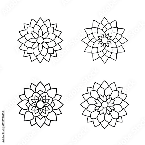 A detailed black and white line drawing of a symmetrical dahlia flower, with layered petals radiating outward in a circular pattern. The design is clean, crisp, and suitable for coloring books. No bac