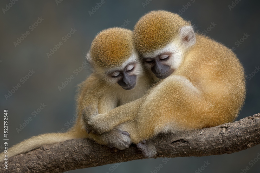 Fototapeta premium Adorable Monkeys Cuddling on a Tree Branch in Nature Setting