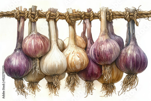 Obraz na płótnie Onions hanging on a rope.